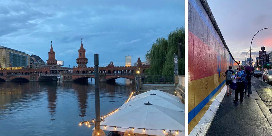 Left: Looking east towards the ‘Oberbaumbrücke’. Right: Walking past a section of the Berlin Wall